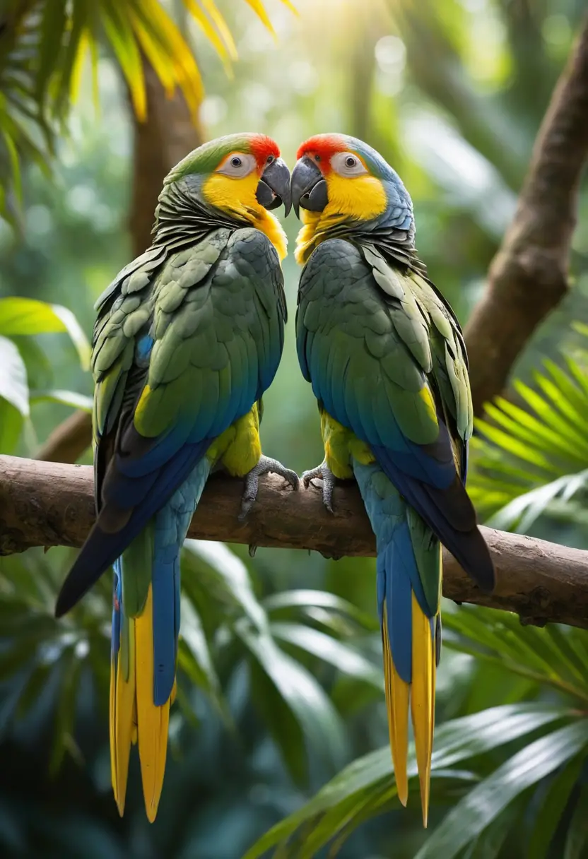 Two tropical parrots perched together on a green branch in the forest