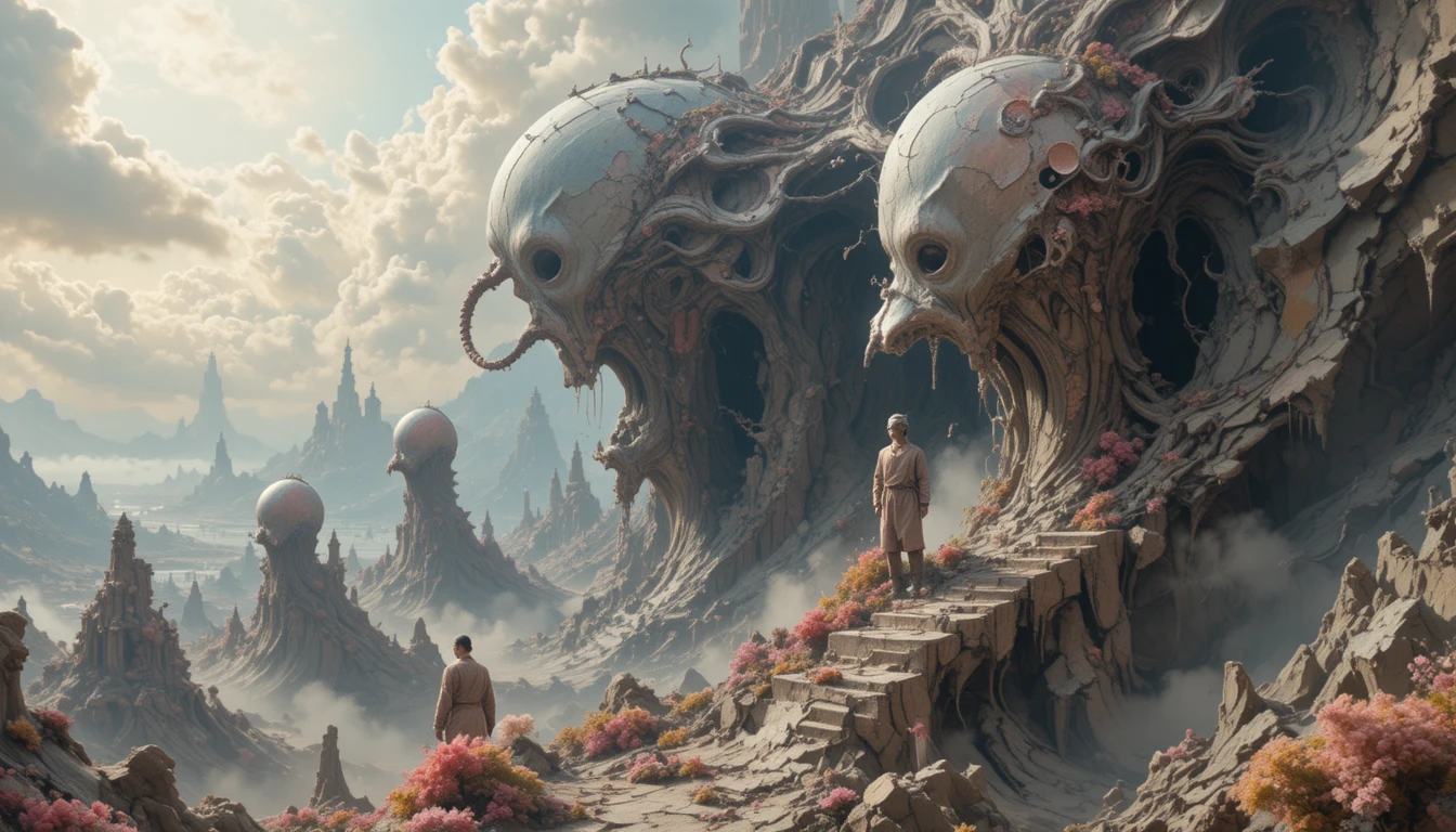 Distorted humanoid figures merge across an unsettling three-dimensional dreamscape