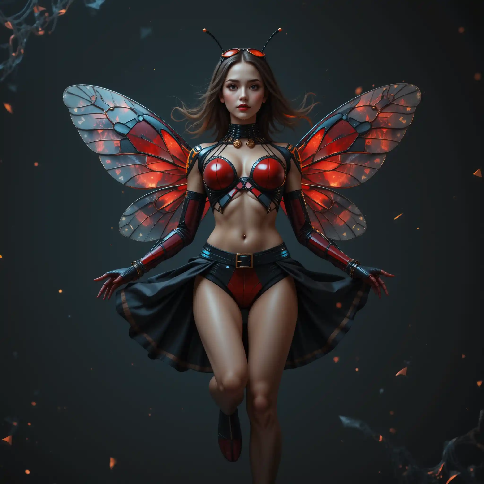A cybernetic ladybug woman floats in a suggestive pose