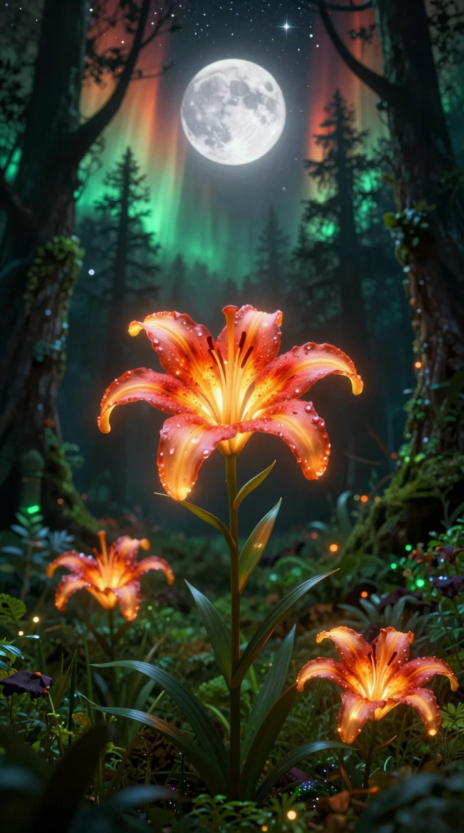 A glowing lily illuminates an enchanted forest beneath a starry sky