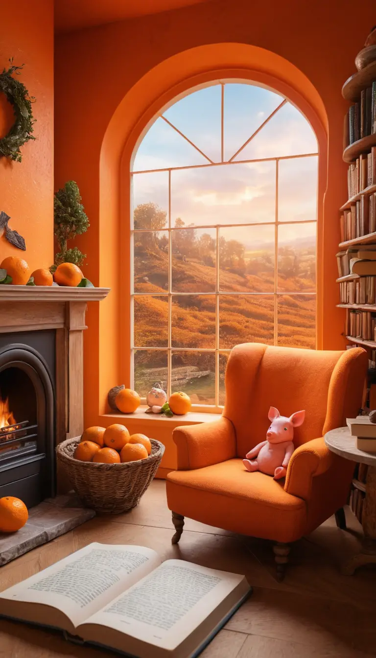 A Piglet Reads in a Cozy Room Inside a Giant Orange
