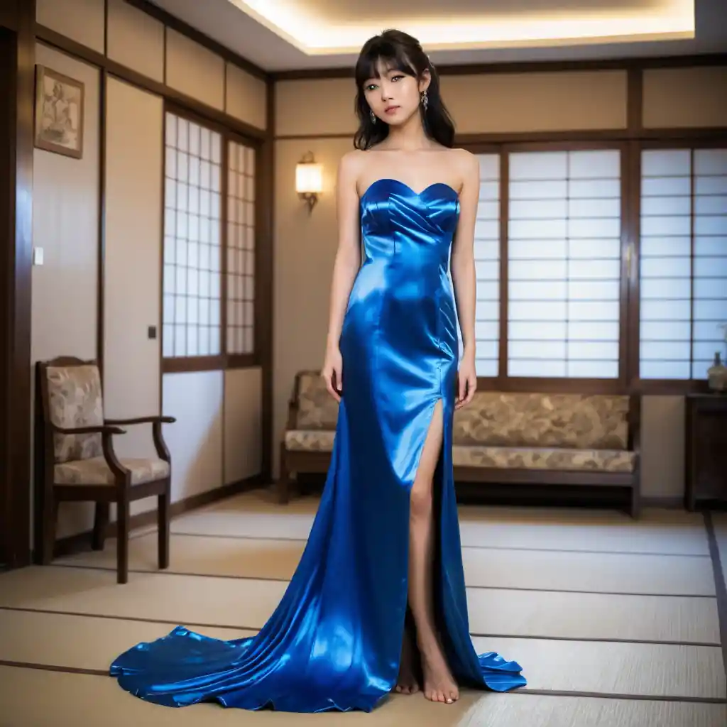 A young Japanese woman standing in a long blue satin gown