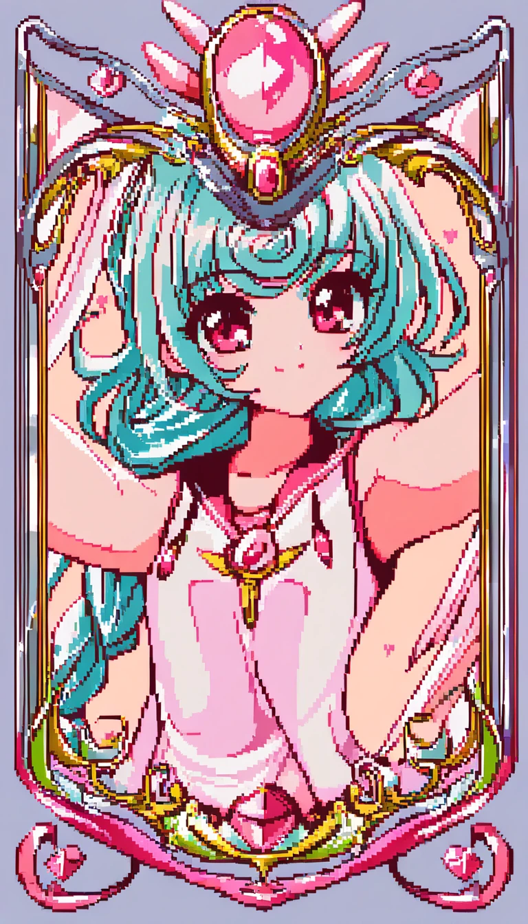 Una carta collezionabile luminosa in pixel art con una ragazza anime sorridente