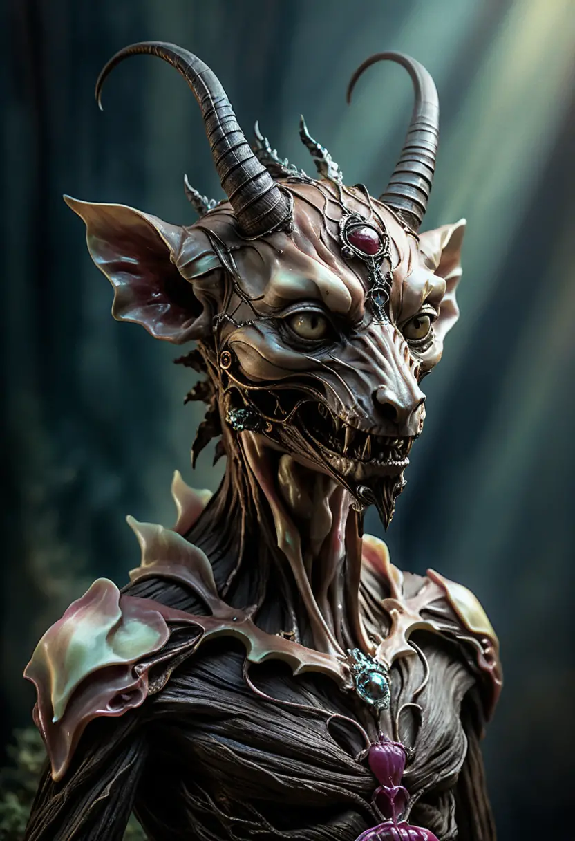 A twisted chimera sculpture blends gnarled wood with tarnished bronze