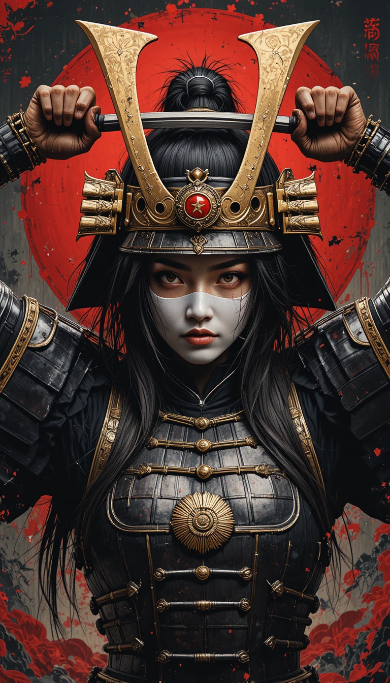 A samurai warrior raises her katana against a shadowy patterned backdrop