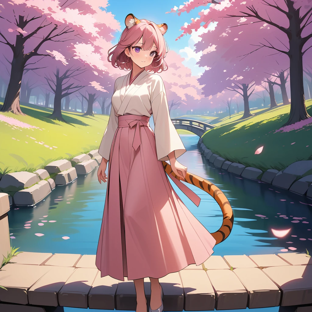 A tiger woman stands on a riverside bridge beneath cherry blossoms