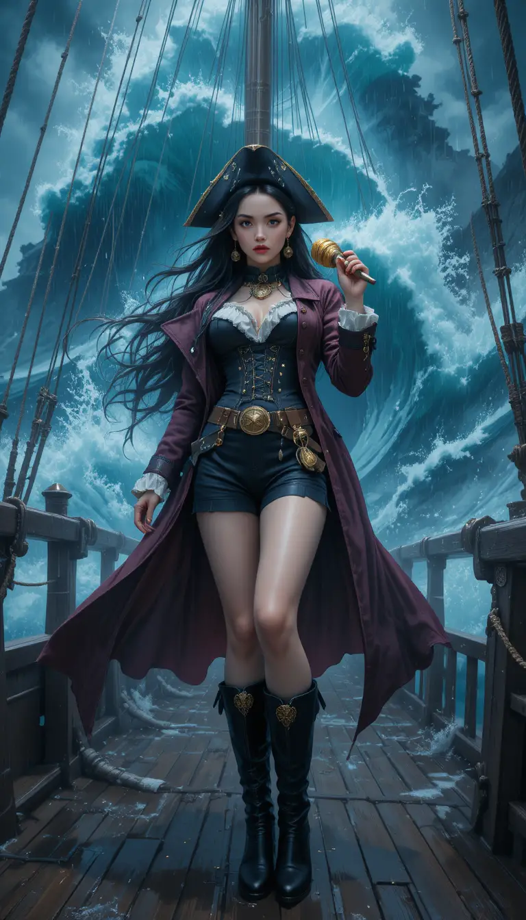 Anime pirate captain stands against a violent storm at sea