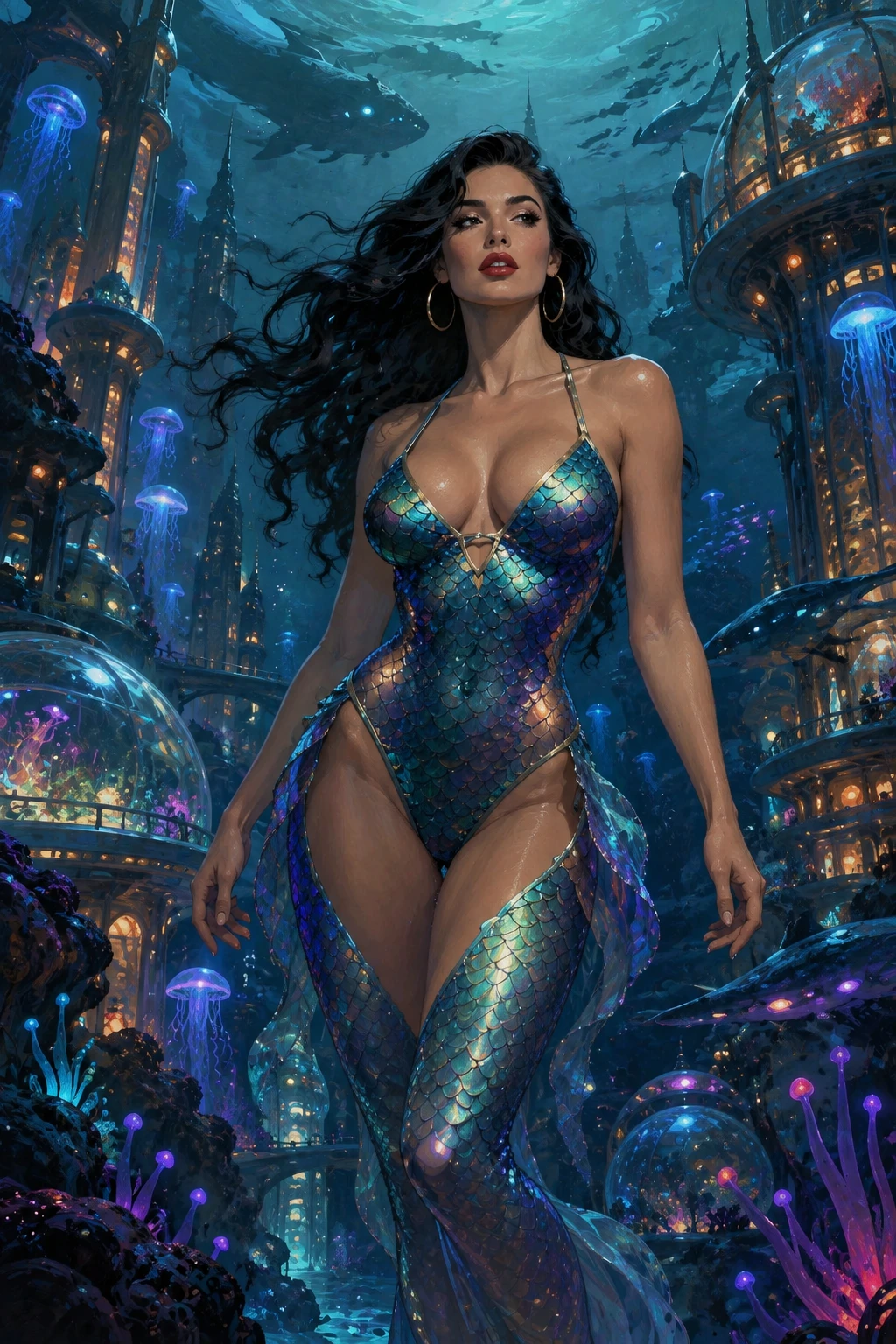 A glamorous woman explores a menacing underwater city