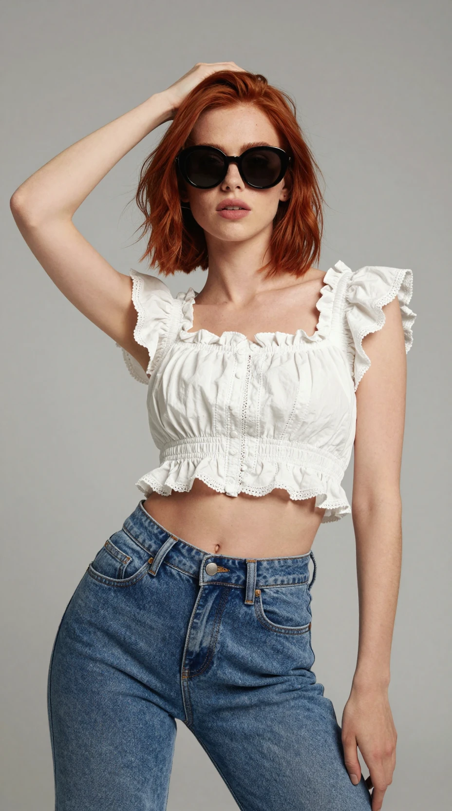 A red-haired girl poses in round sunglasses, a ruffled top, and blue jeans