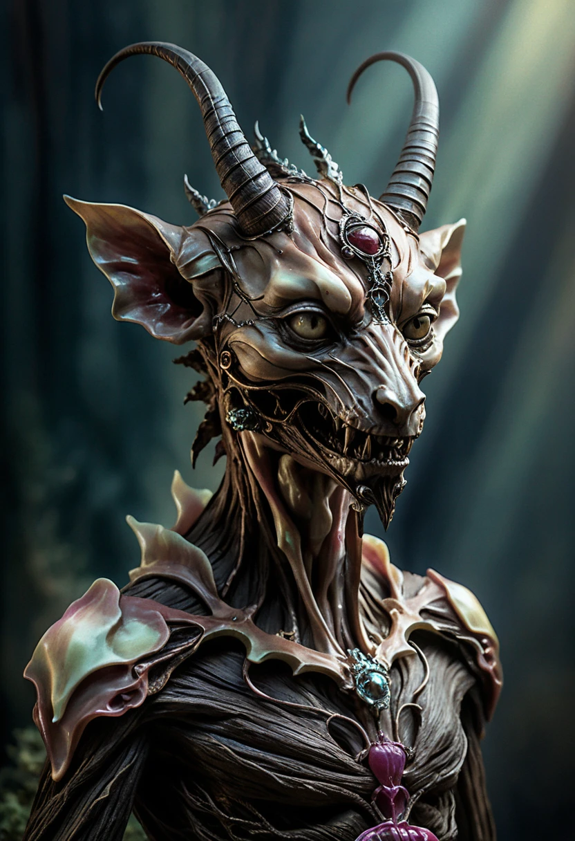 A twisted chimera sculpture blends gnarled wood with tarnished bronze
