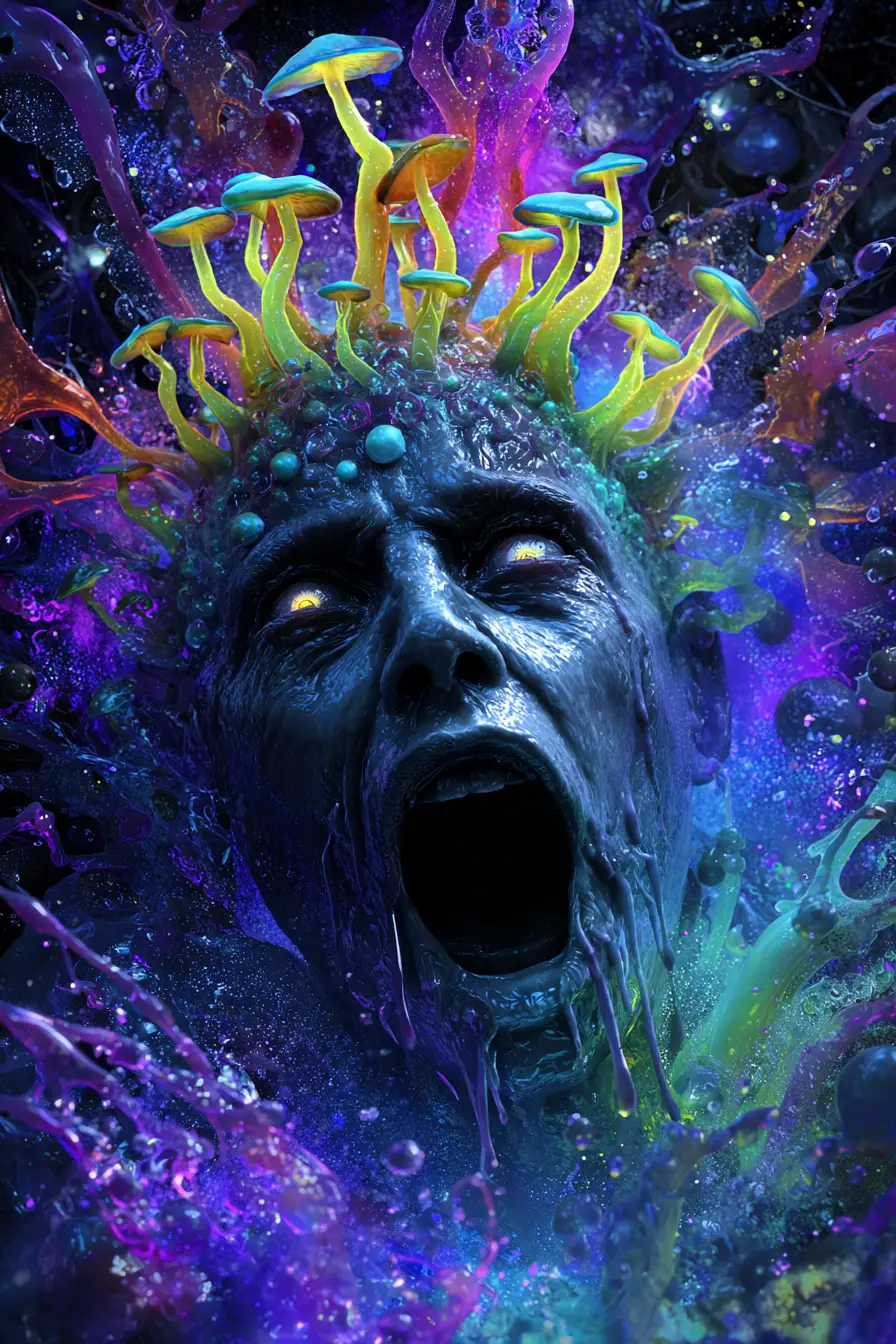 A terrified face emerges from a swamp beneath glowing mushrooms