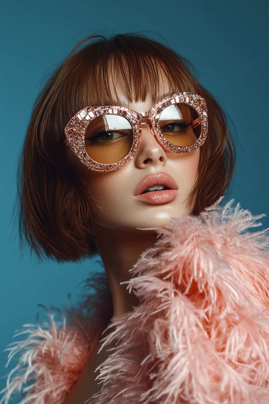 A woman with a copper bob wears gemstone sunglasses against a blue background