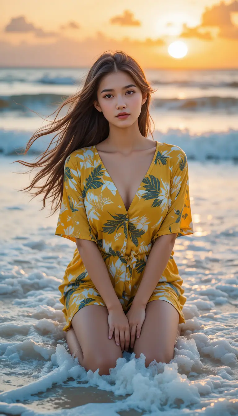 A woman kneels in sunset waves wearing a yellow leaf print shirt