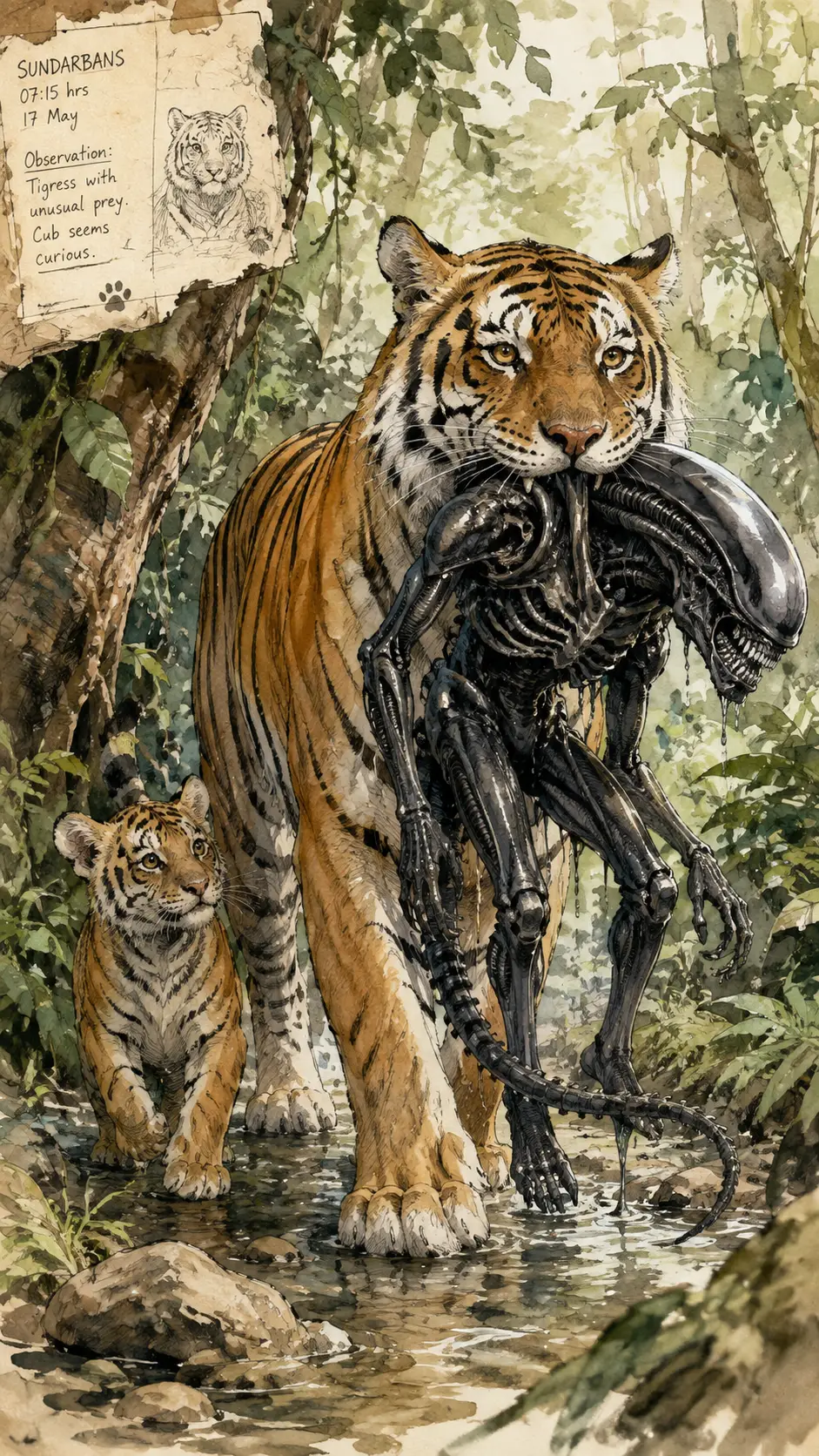 A Bengal tigress carries an unconscious Xenomorph beside her curious cub