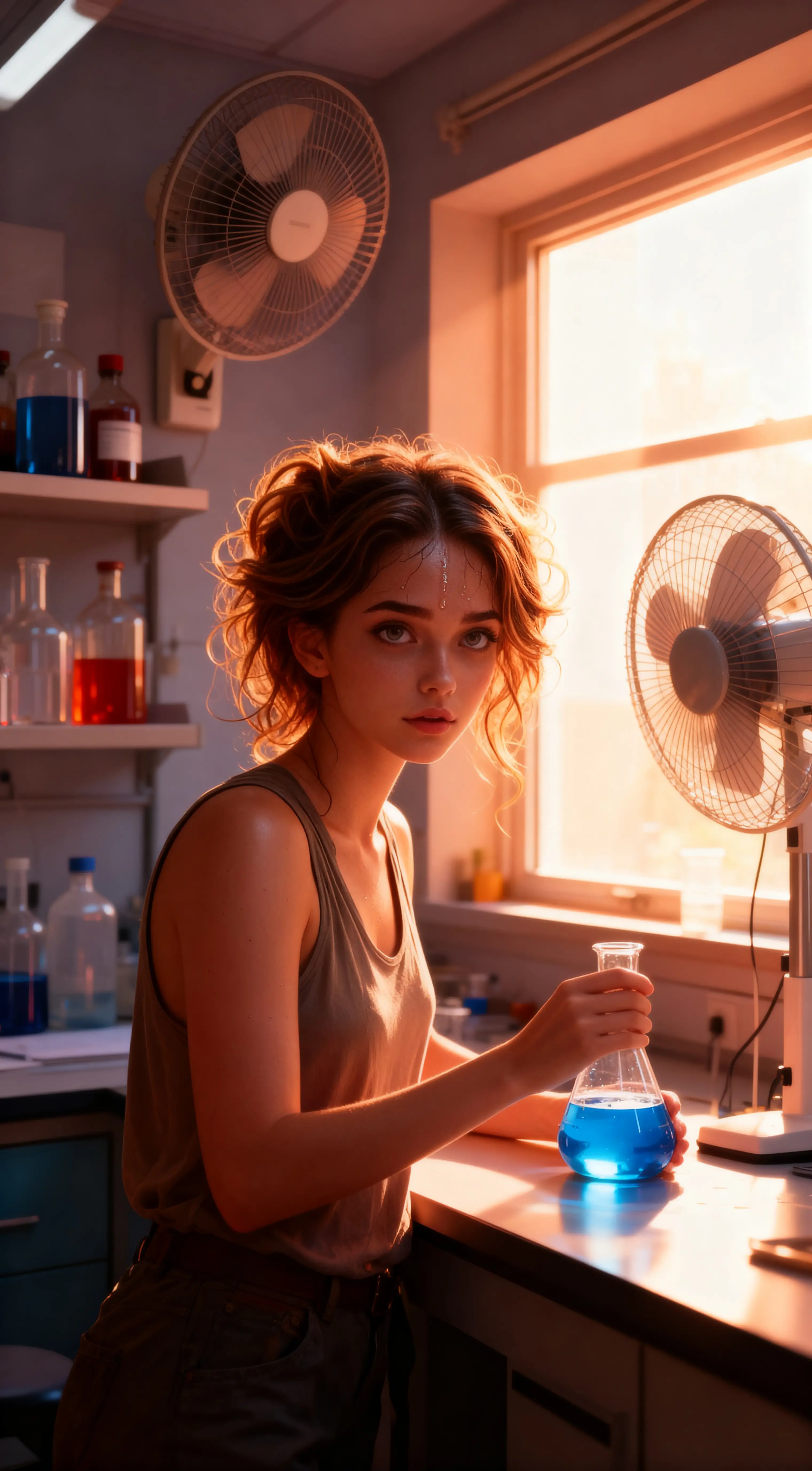A woman works in a hot laboratory without a lab coat