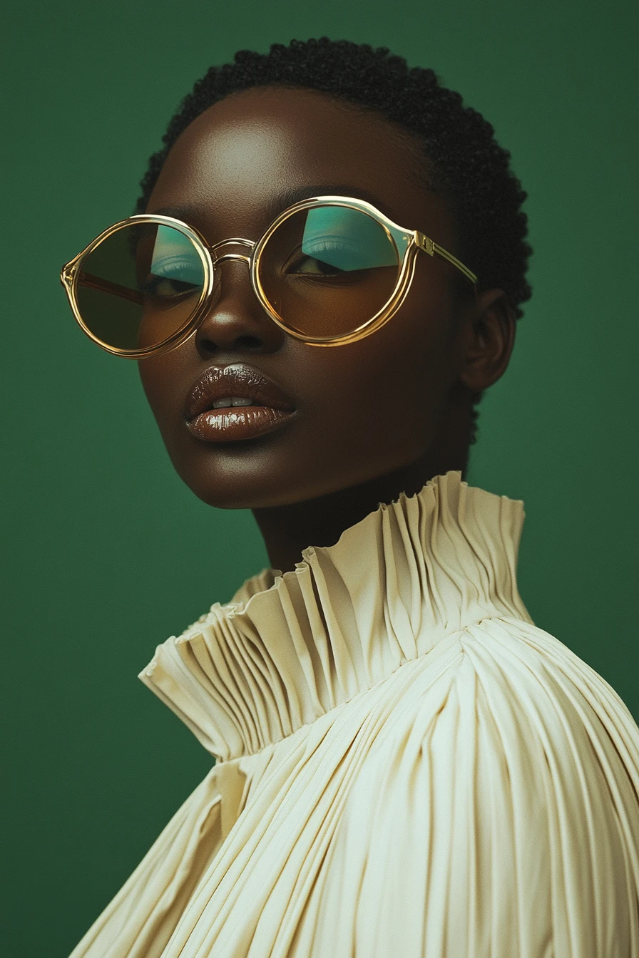 Portrait de face avec des lunettes style kintsugi et un col de cape crème
