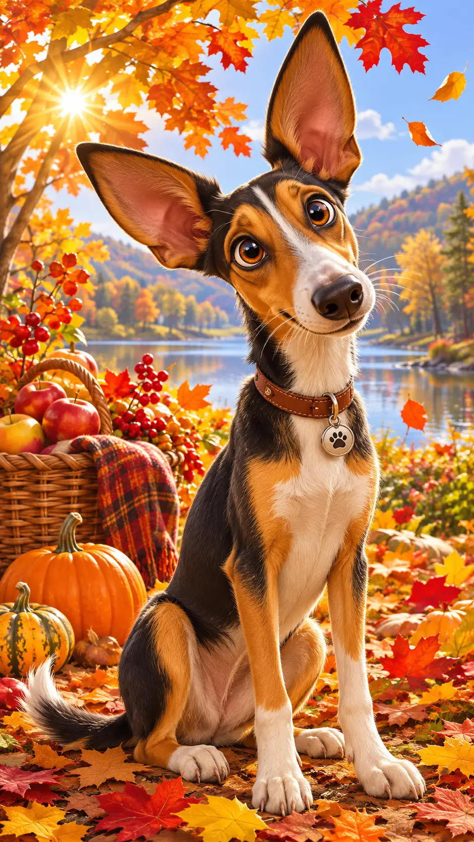 A curious tricolor podenco sits among sunny autumn nature in cartoon style