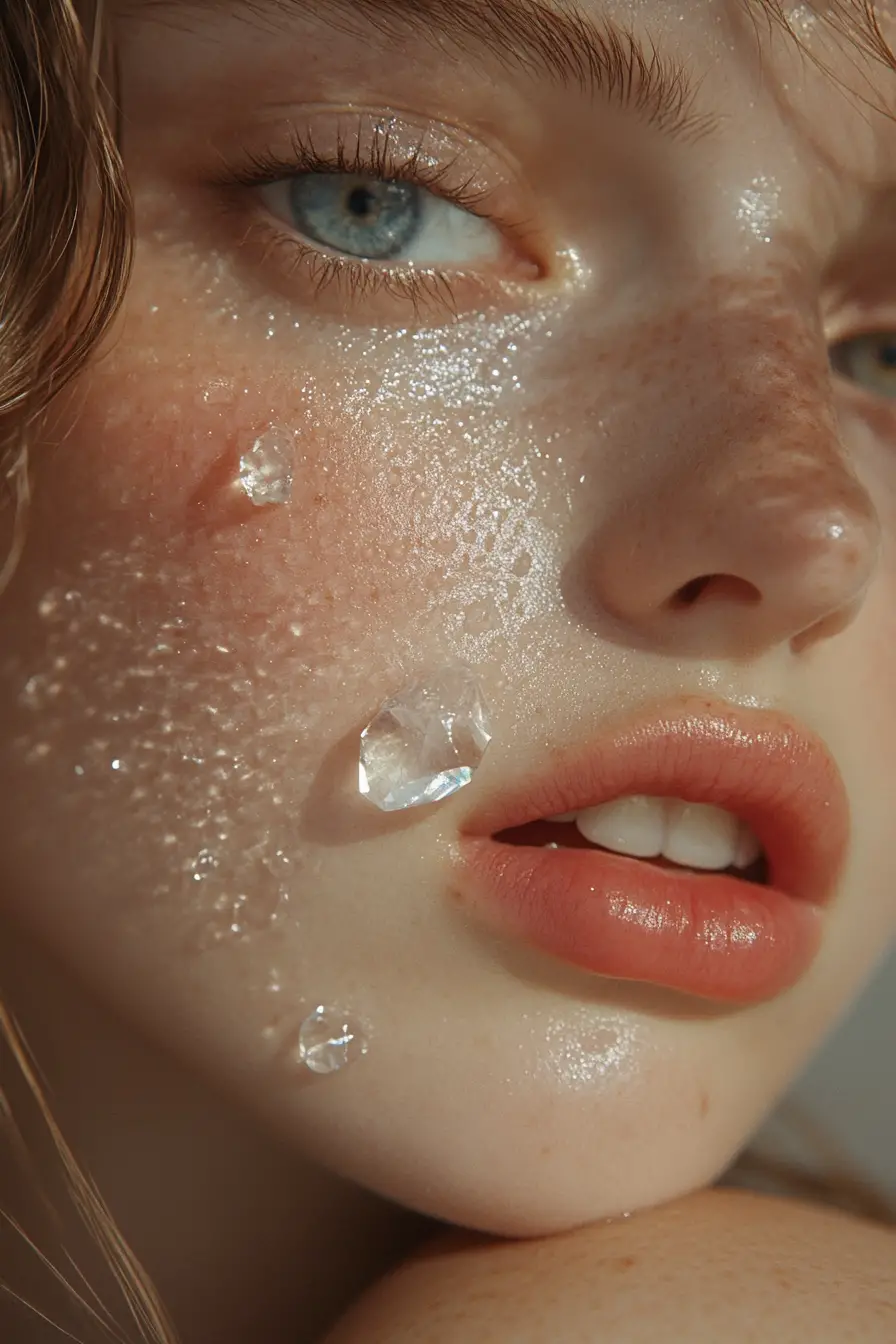 A transparent crystal tear rolls across a freckled cheek in a macro portrait