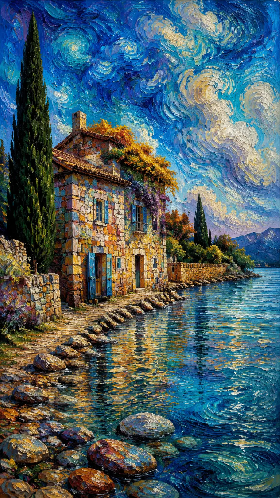 Colorful stone house beside swirling blue water beneath an expressive sky