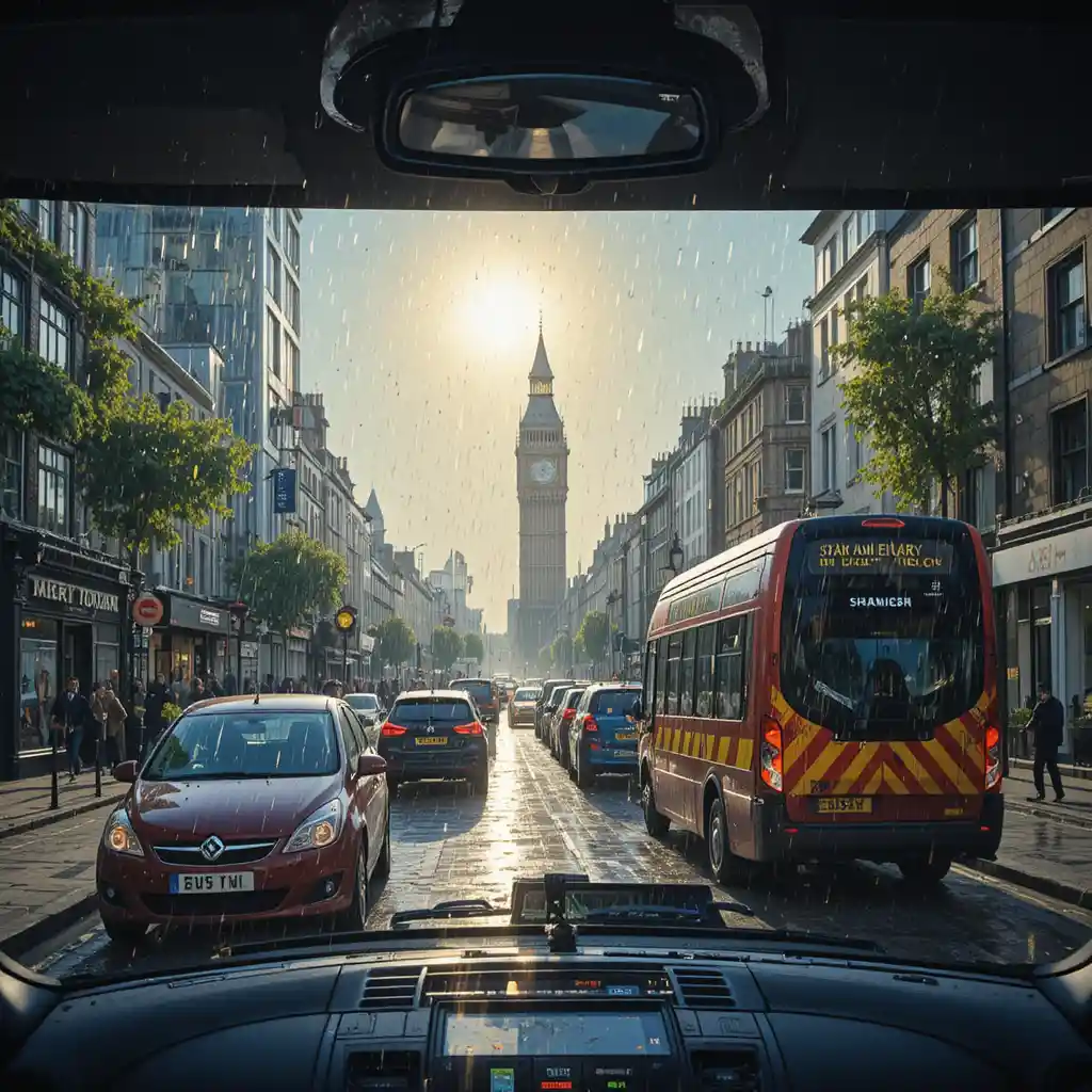 London traffic moves through sunshine and falling rain