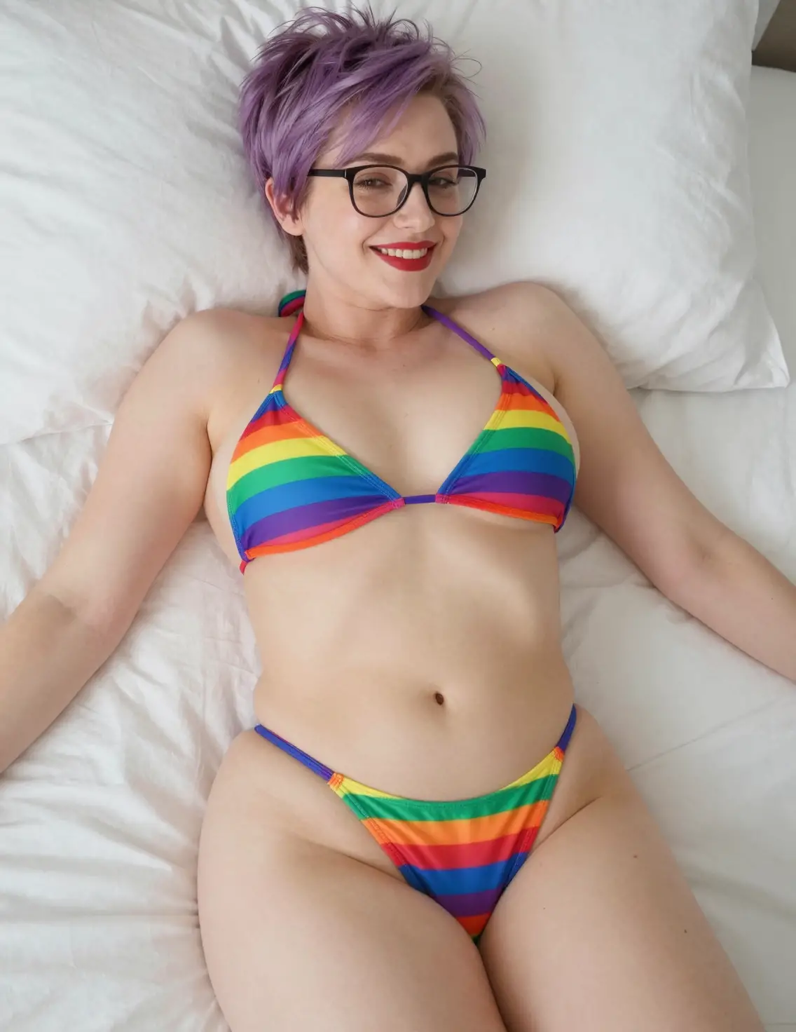 A smiling woman reclines on a bed in a rainbow cutout bikini