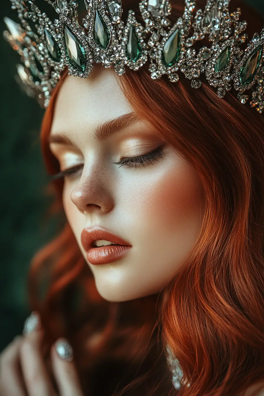 A fashion portrait with a hematite crystal crown and auburn hair