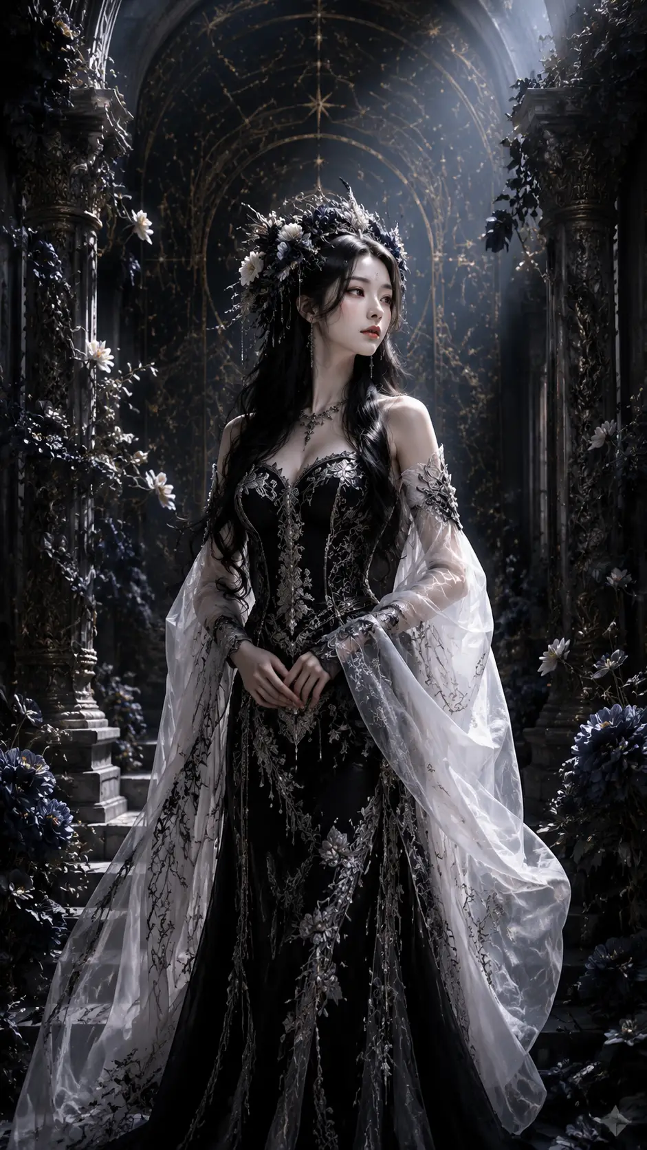 A serene woman stands amid gothic columns and celestial floral details