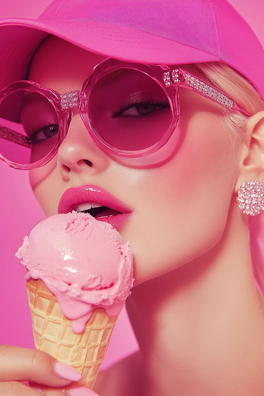 A glamorous close-up portrait with ice cream styling and pink accessories