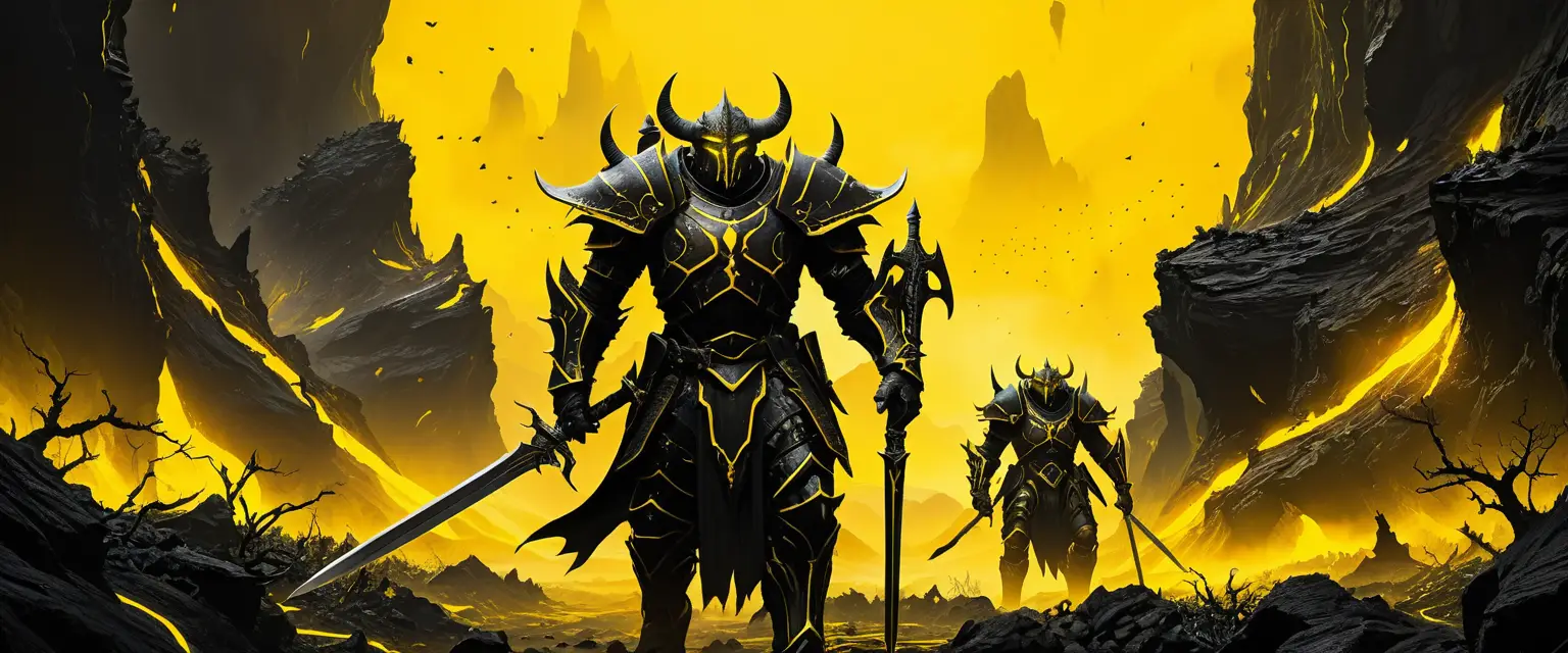 Armored orcs march through a rocky valley glowing with lava