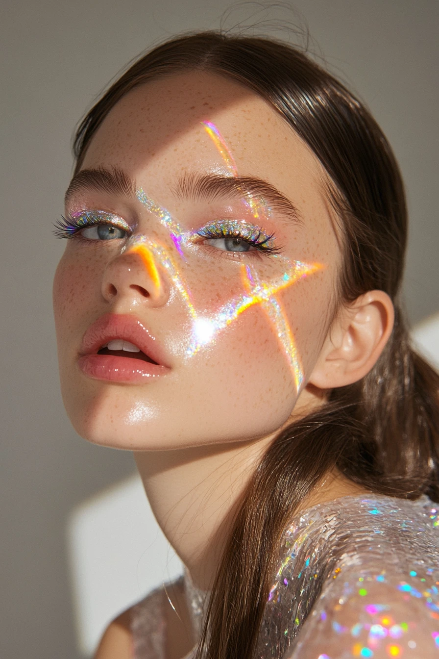 Ritratto beauty di una donna con eyeliner prismatico e un elegante raccolto a coda di cavallo