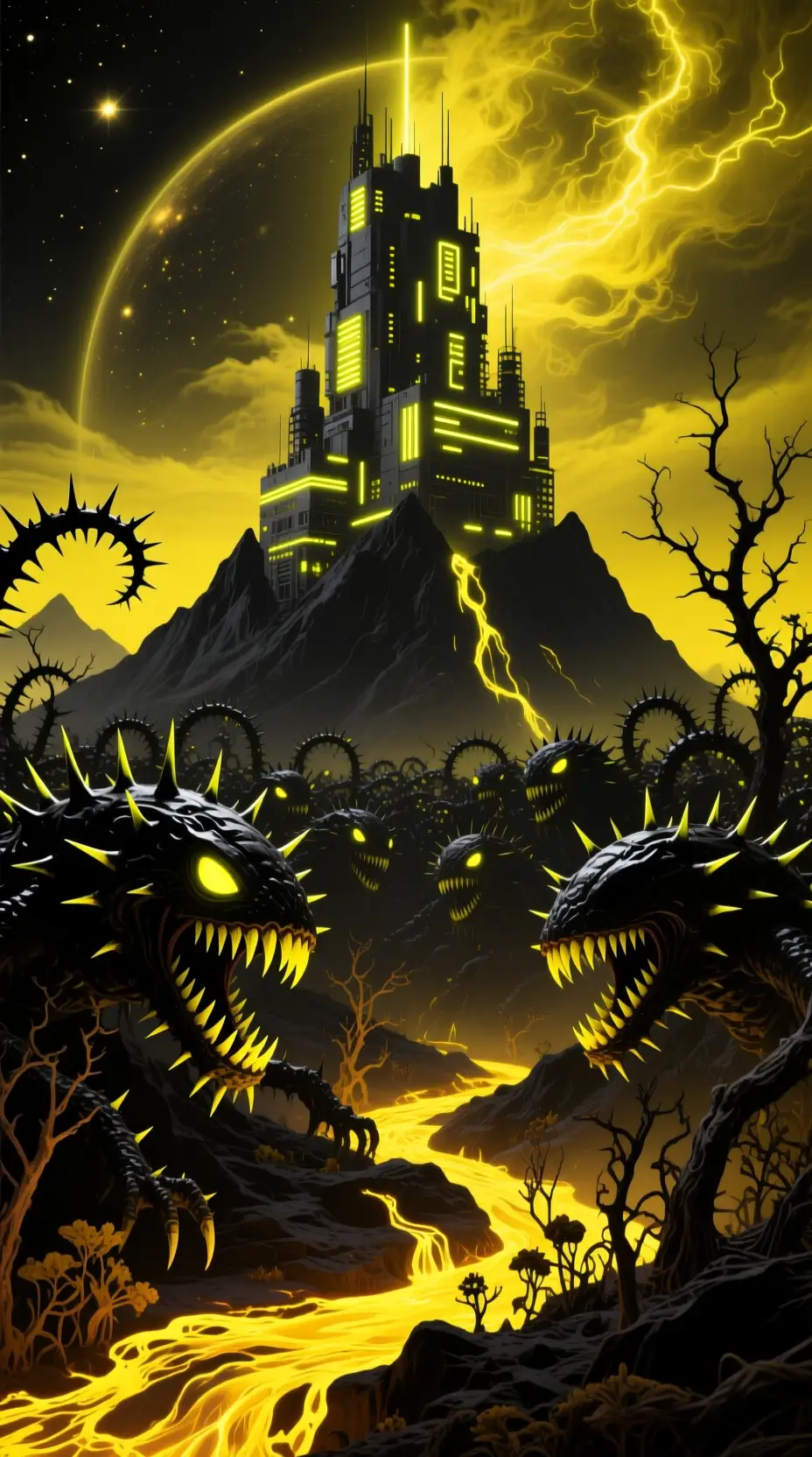 A Mutated Locust Swarm Beside a Towering Fortress in a Lava Landscape