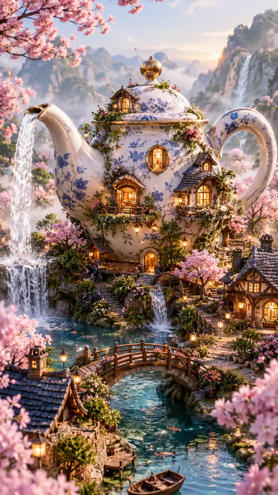 A giant porcelain teapot anchors a peaceful miniature village