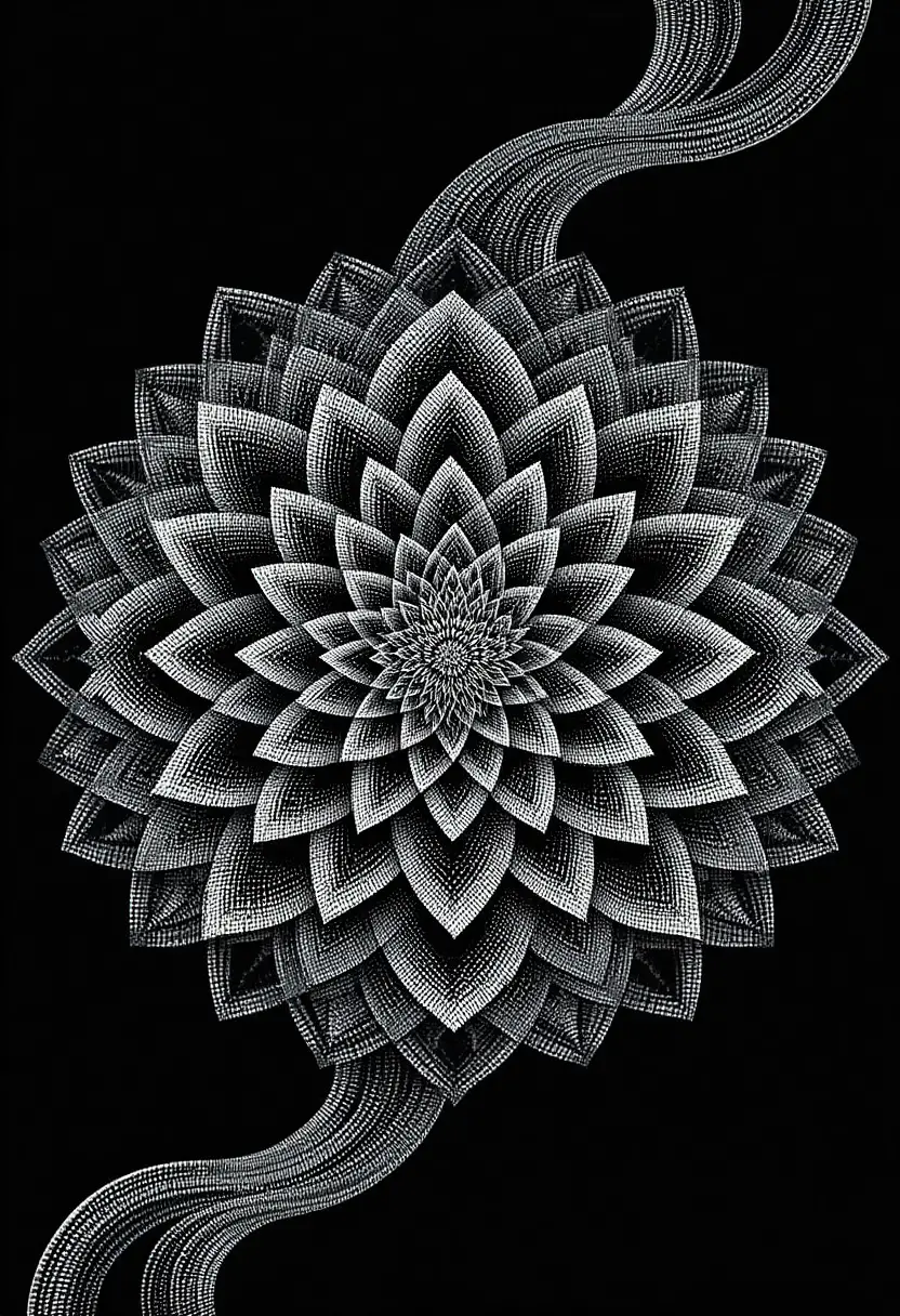 White dot flower mandala with flowing radial patterns on black