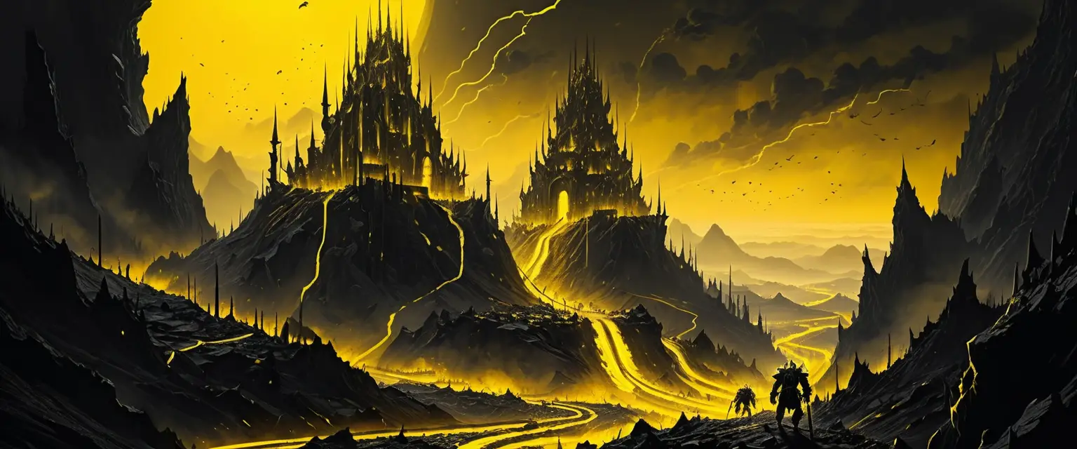 An orc army marches through a lava-scarred valley beneath a towering mountain fortress