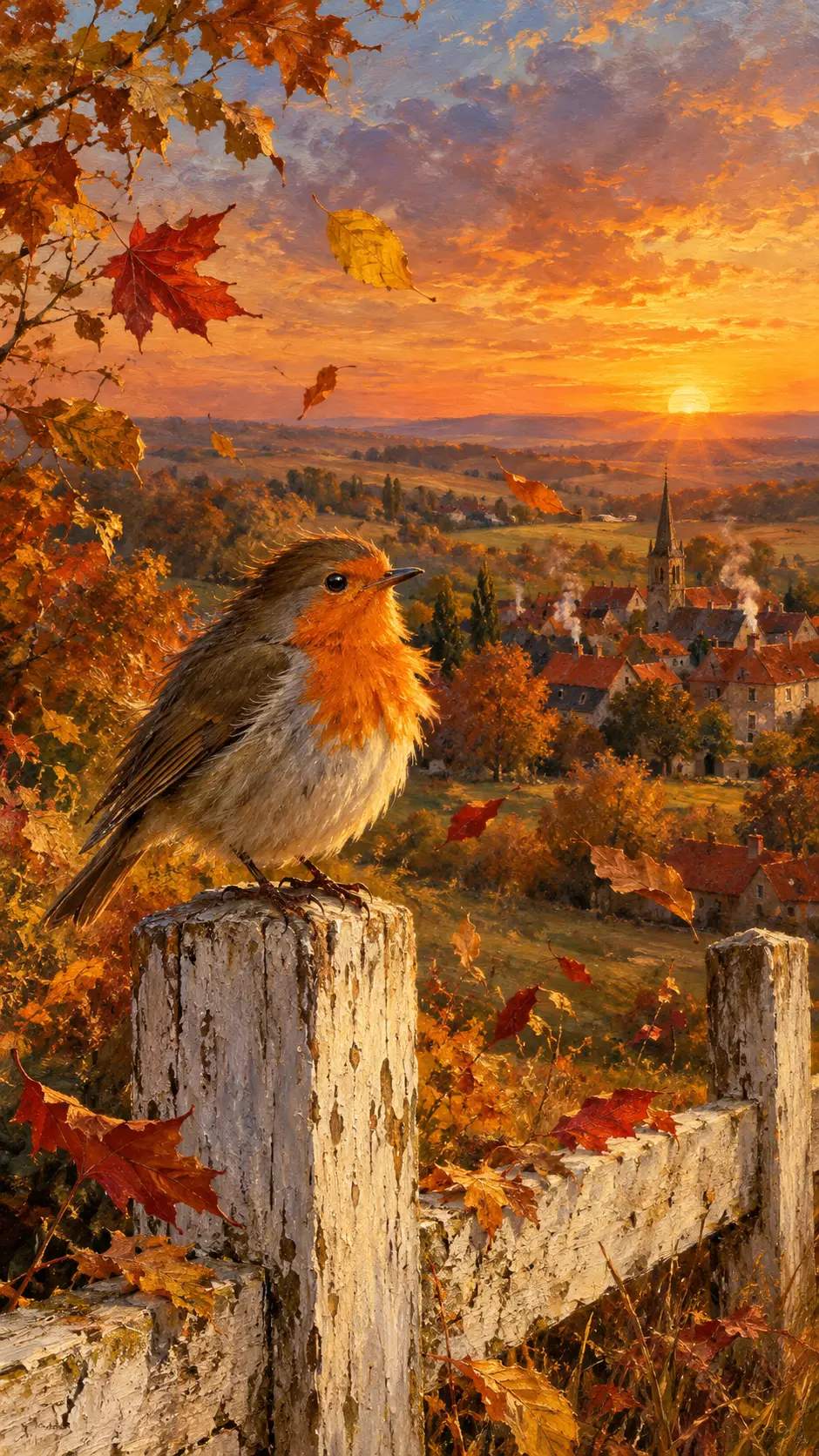 European robin perched on a weathered fence in golden sunset light