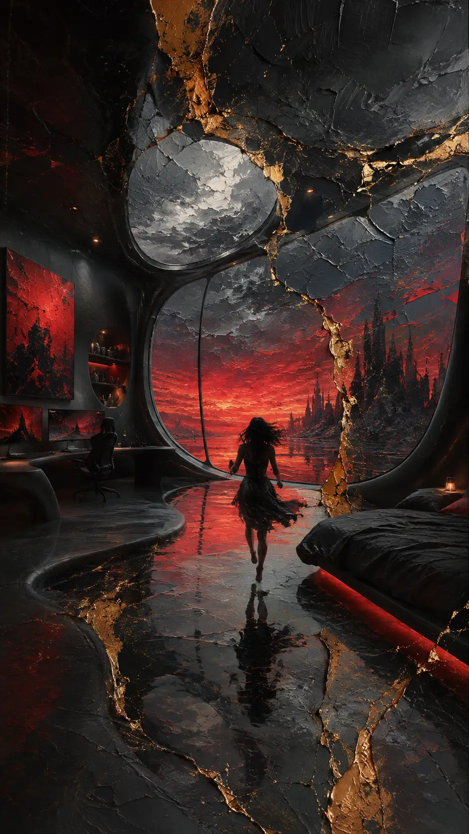 A futuristic gamer room rendered as a textured oil painting