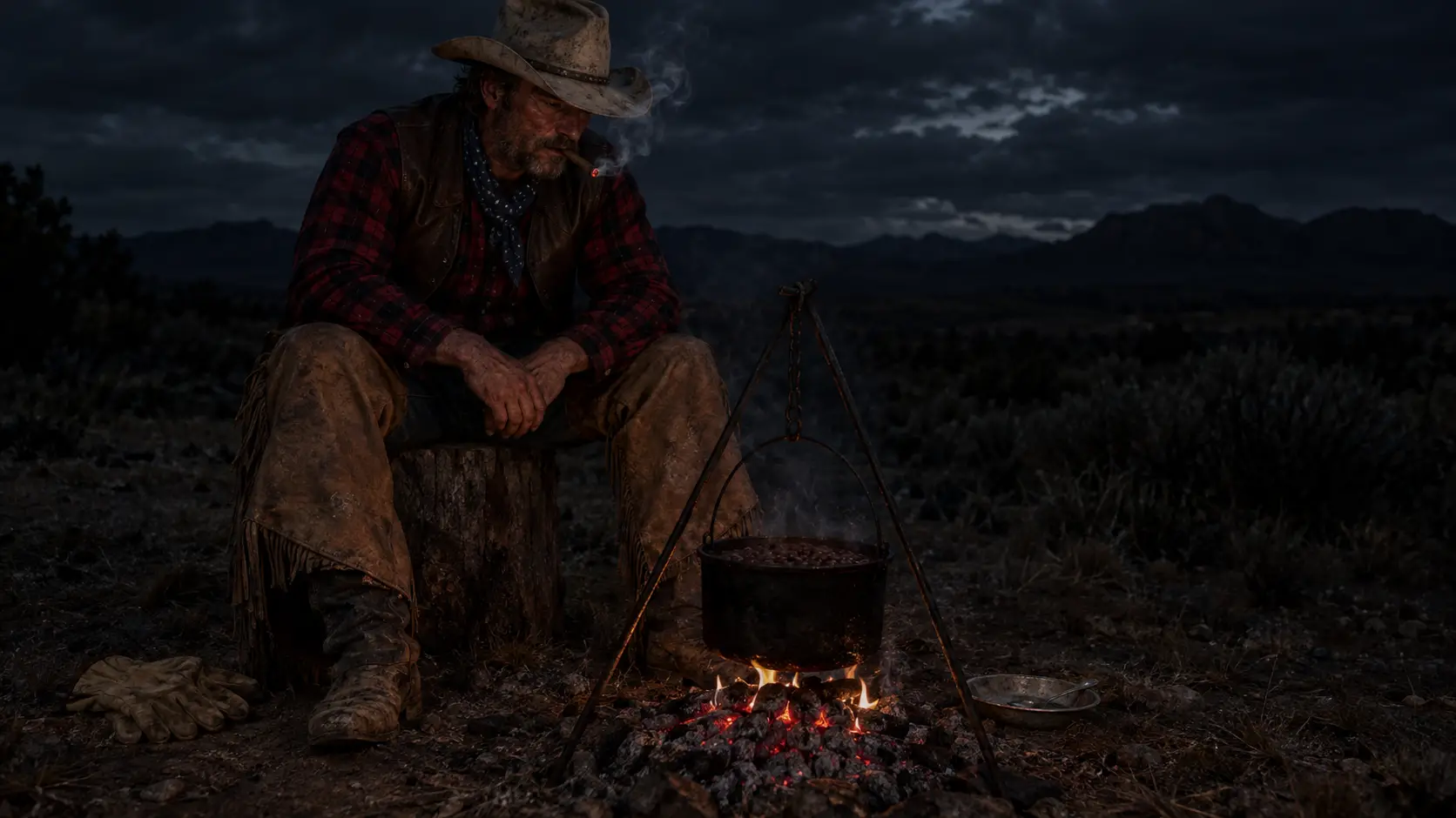 A Lone Cowboy Watches Beans Simmer Over a Small Campfire at Night