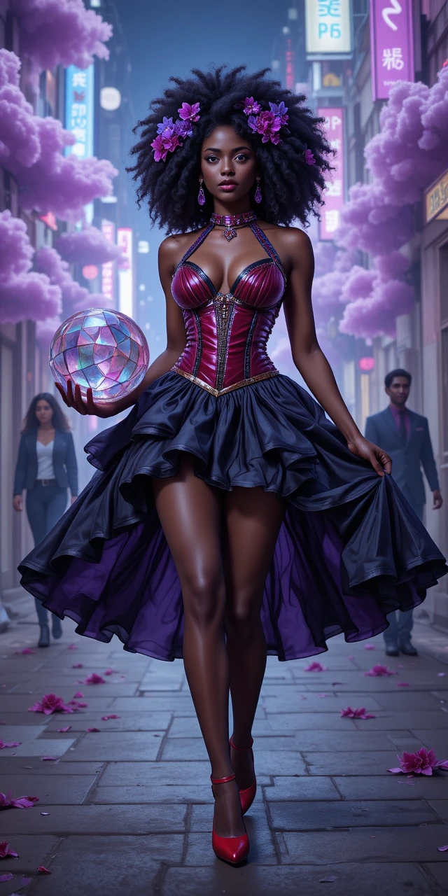 A woman in a red leather mini dress walks through a neon street