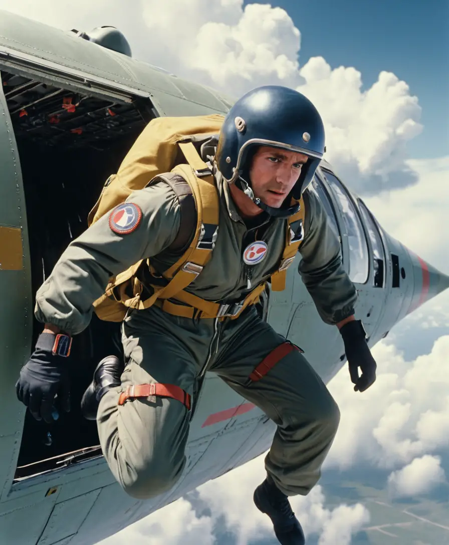 A fully equipped parachutist pauses at an open aircraft door before jumping
