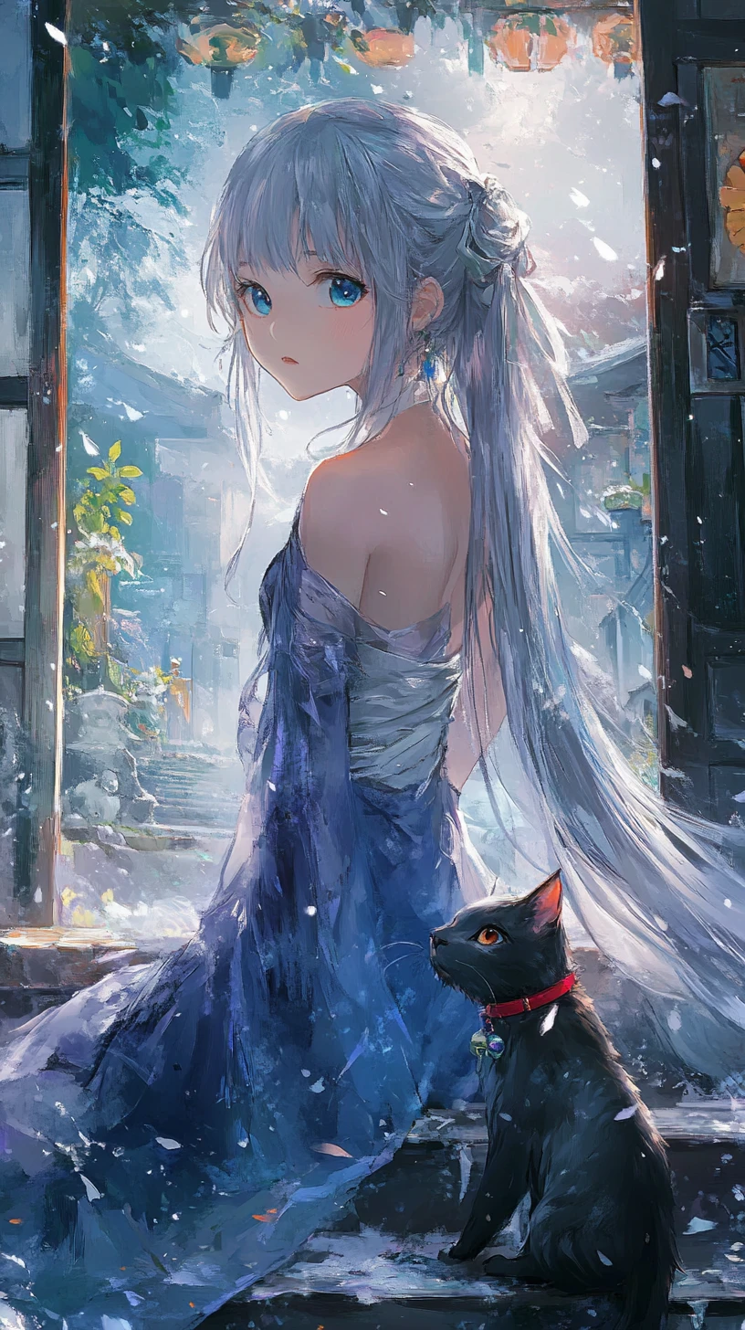 Gray-haired anime girl with a feathered braid and snowflake dress