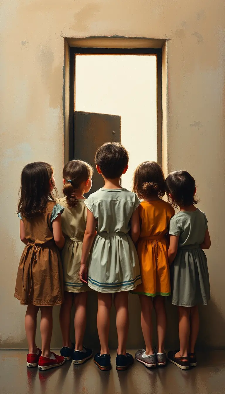 Six children peer through a small wooden window in an aged stone wall