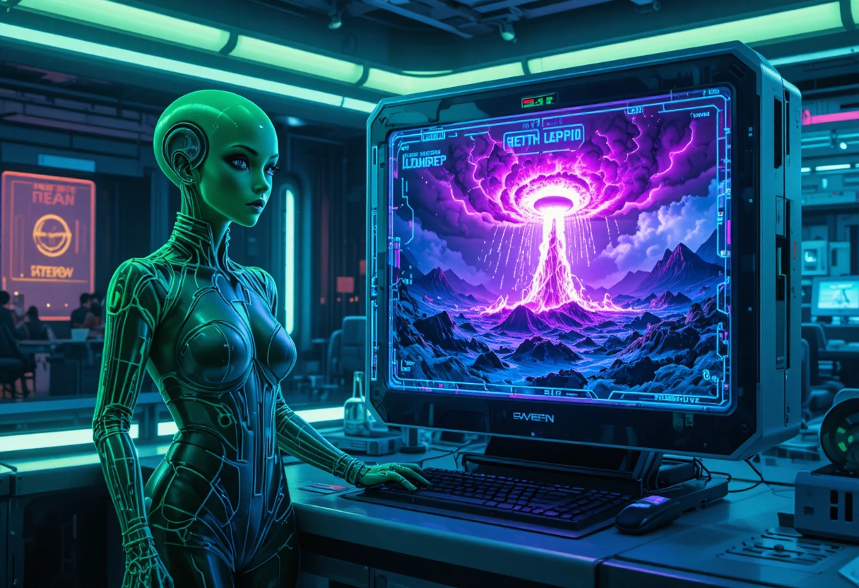 An alien meteorologist beside a holographic projector displaying a raging storm