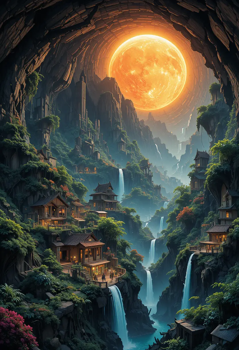 A vast underground city glows beneath an enormous artificial sun