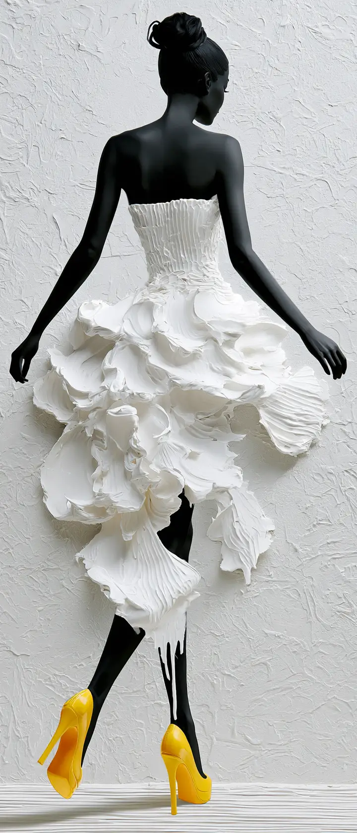 A woman walks away in a sculptural textured white dress