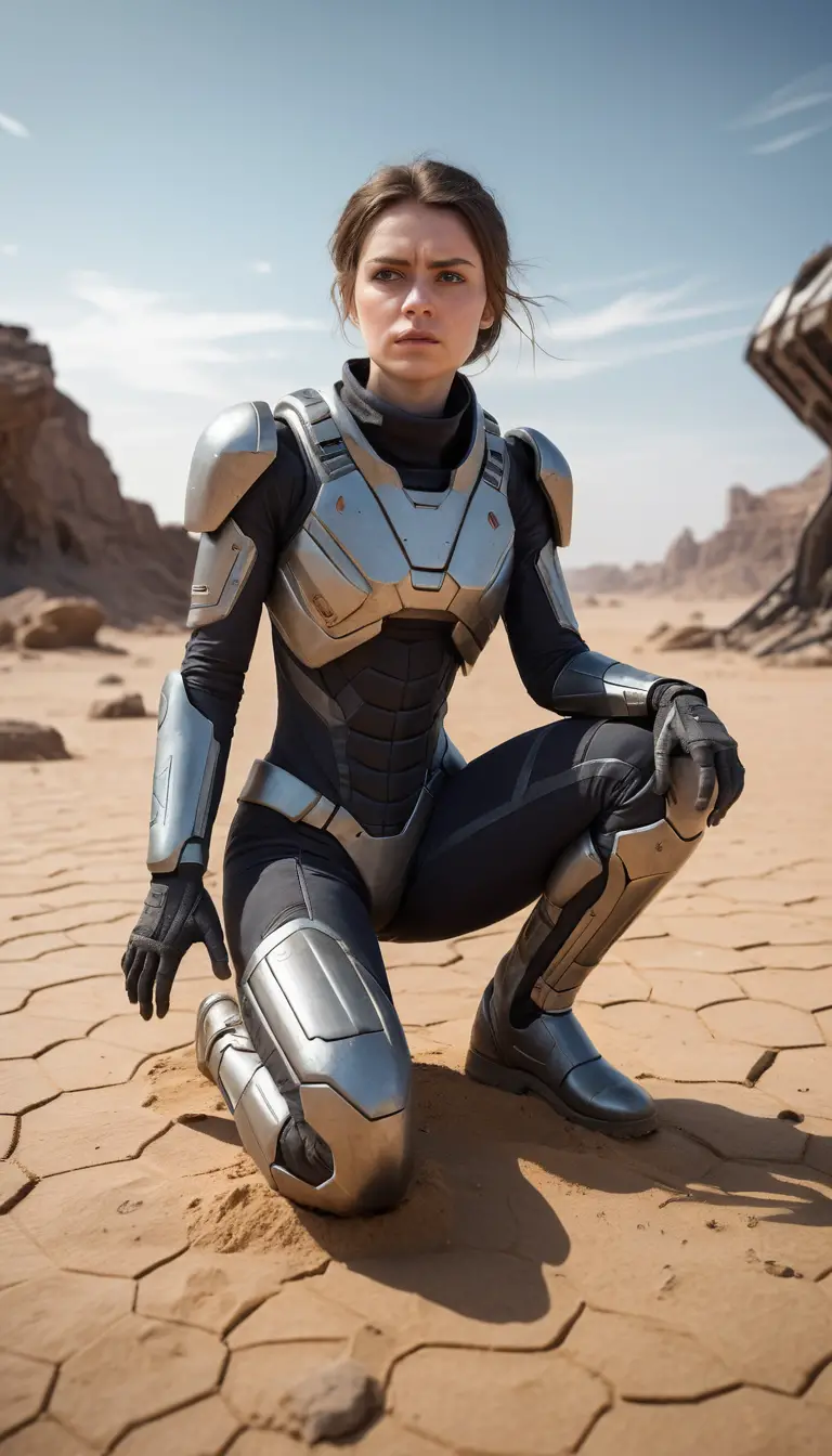 A young space miner sits on an alien planet in low-angle perspective