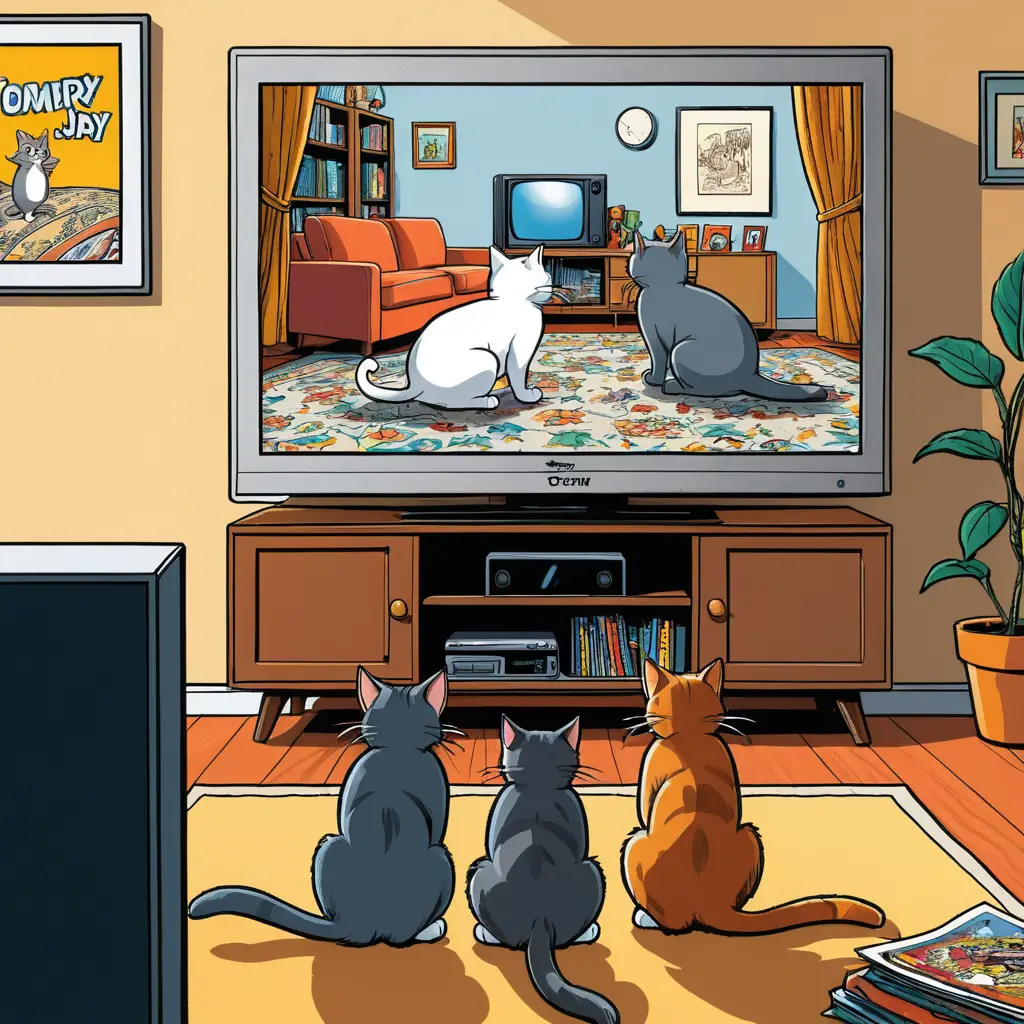 Two cats watch television from behind in a living room