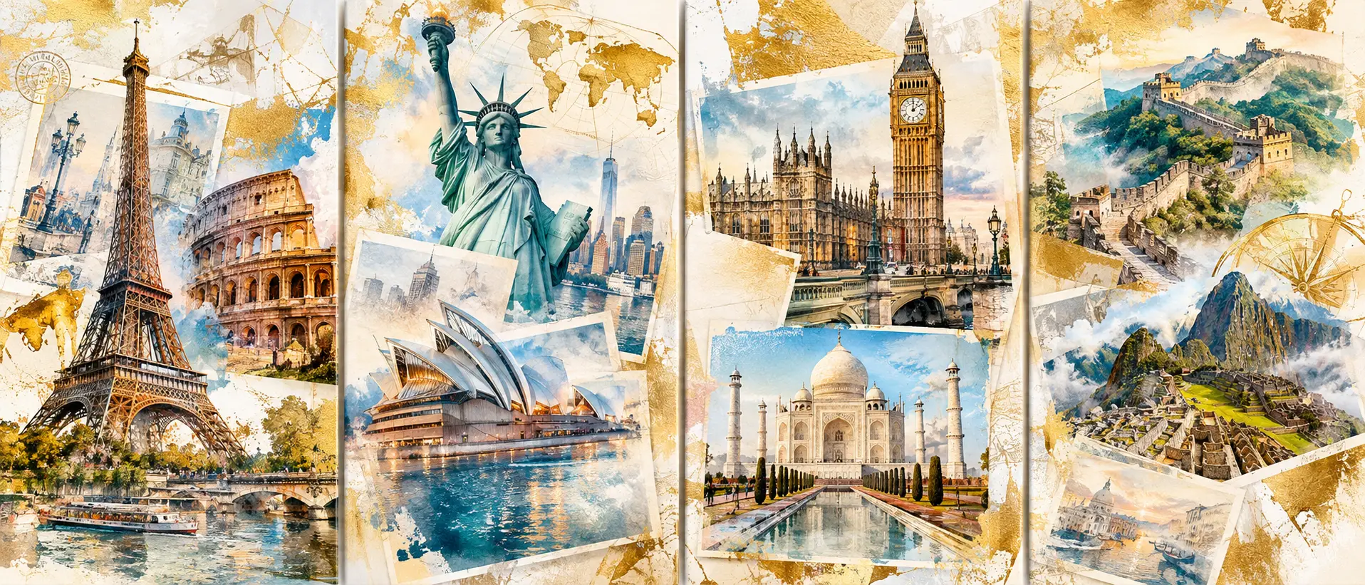 A four panel collage of world famous landmarks in watercolor and airbrush