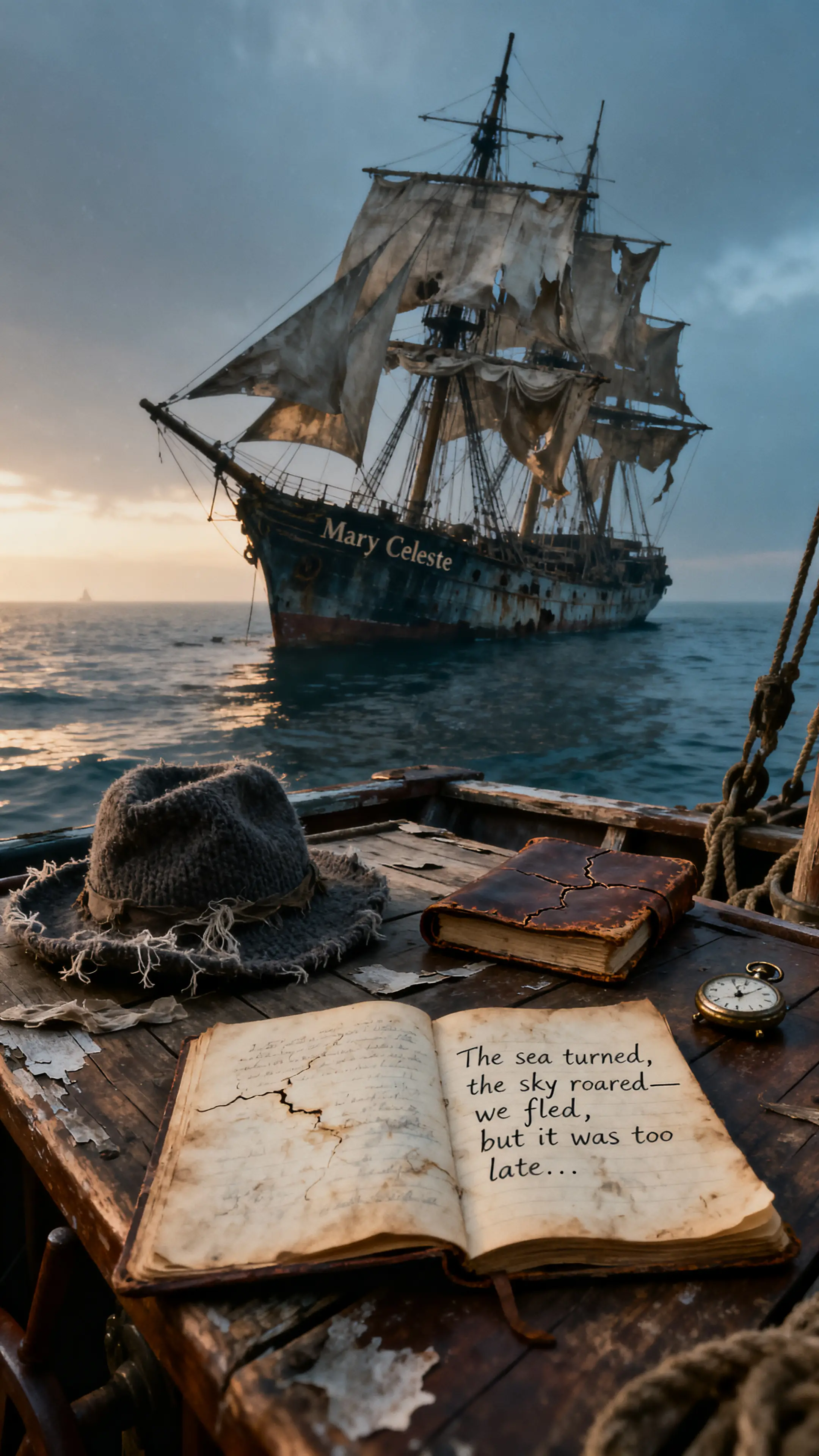 An abandoned sailing ship lies alone at sea
