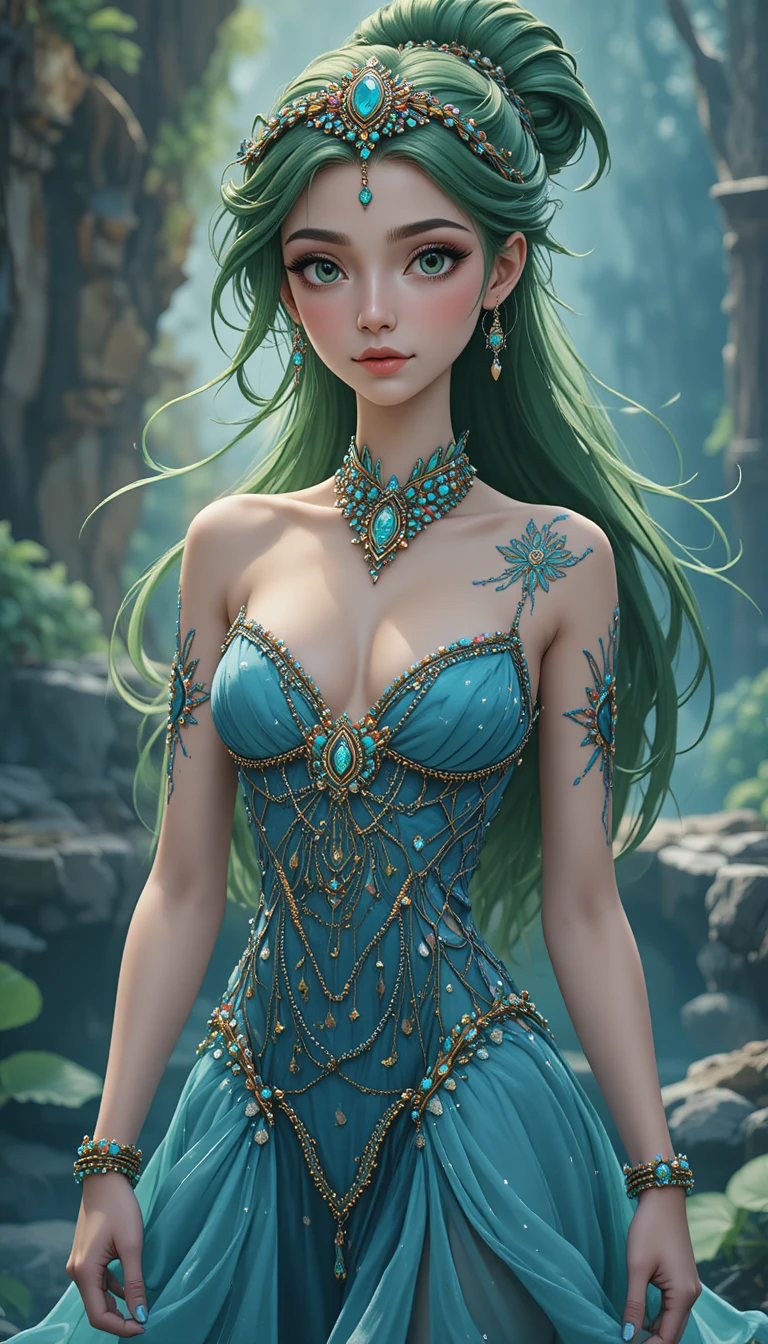A turquoise tailed mermaid with dark green hair and pearl adornments