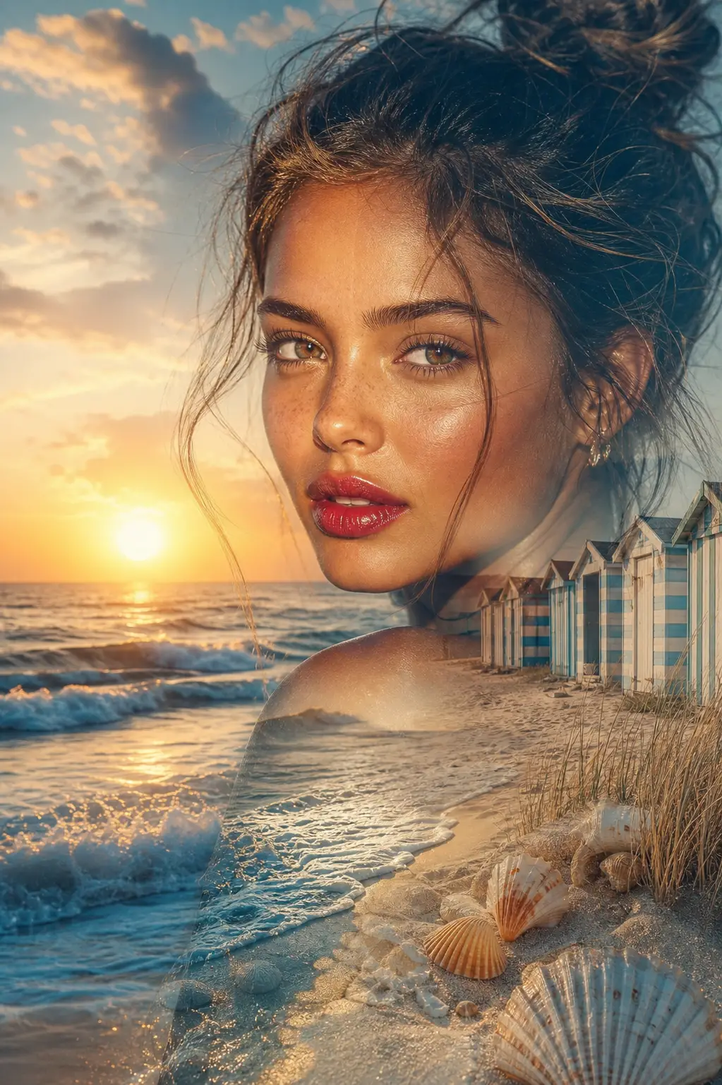 A double exposure portrait layers a woman's face over a beach scene